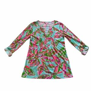 Lilly Pulitzer Pima Cotton Tropical Print Pintuck Henley Top Pink Green Womens S
